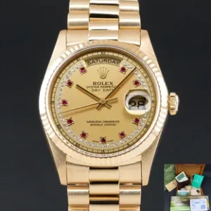 Rolex Day-Date 36 President, 18238, 36mm, 1989, Yellow gold, Champagne Ruby Diamond dial, Fullset